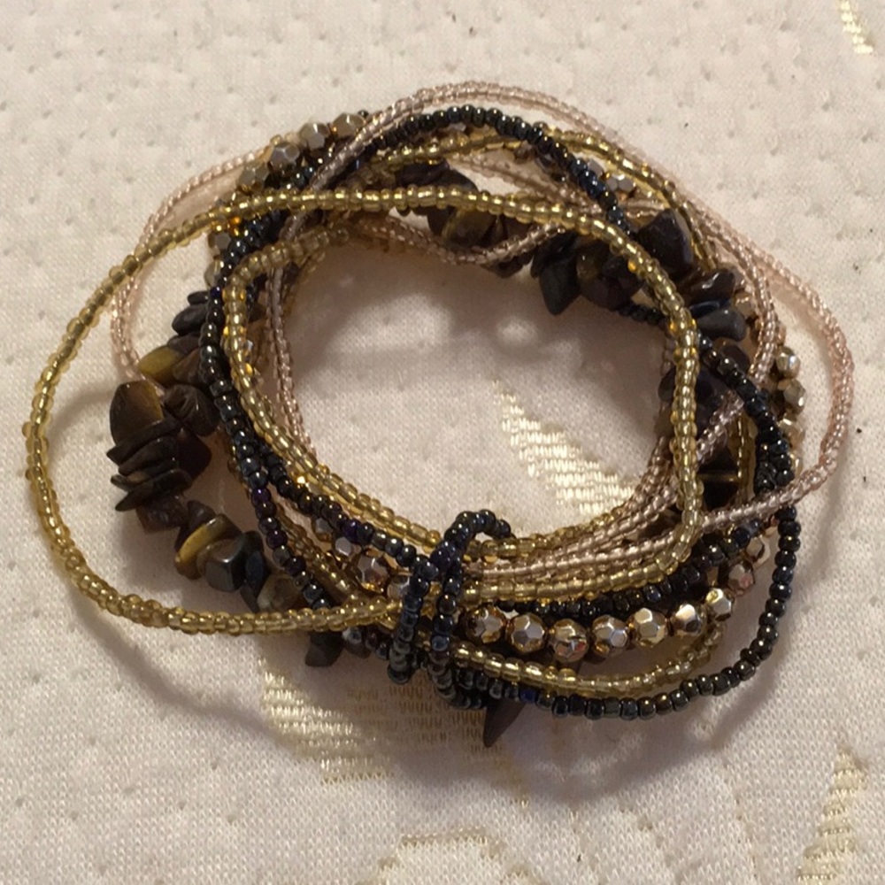 Multiple Strand Stretch Bracelet, Black, Gold, ivory, wood, lots of colors